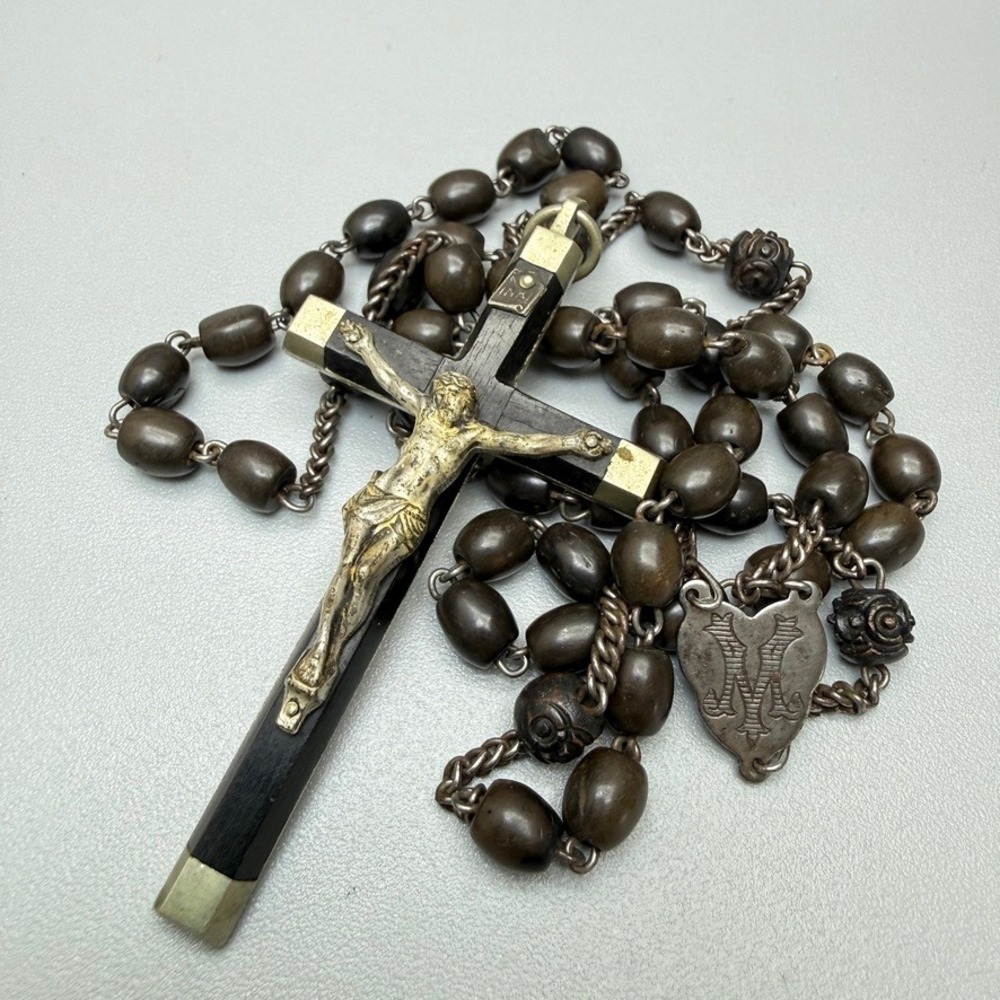 Vintage Ebony Wood Rosary Prayer Necklace 42" Carved Rosettes France Catholic